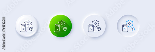 Charging station line icon. Neumorphic, Green gradient, 3d pin buttons. Car charger service sign. Electric power symbol. Line icons. Neumorphic buttons with outline signs. Vector