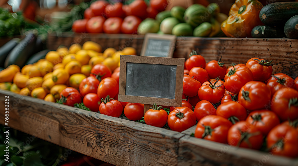 Wooden crate packed with fresh tomatoes, fruits, and veggies at the market Wooden crate packed with fresh tomatoes, fruits, and veggies at the market