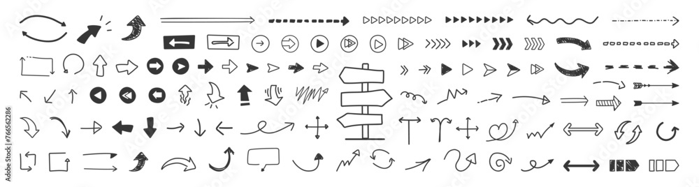 Collection hand drawn arrows. Set of black hand drawn arrows isolated on transparent background Collection hand drawn arrows. Set of black hand drawn arrows isolated on transparent background
