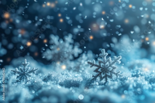 Blue Sparkling Winter Wonderland Background, Snow, Snowflakes, Bokeh, Horizontal Christmas Illustration. 