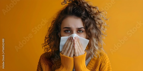 Woman blowing nose with tissue managing cold symptoms during allergy season. Concept Cold Symptoms, Allergy Season, Tissue, Woman, Management