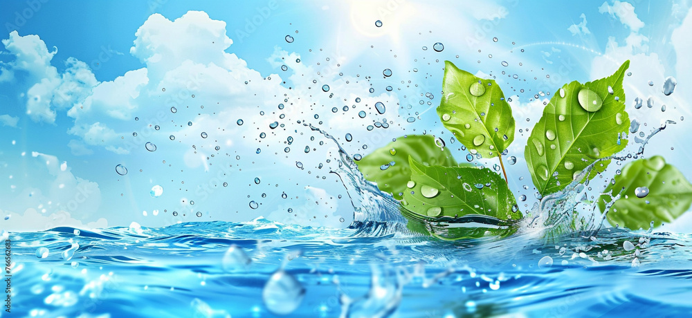 Water splash background banner with blue sky and green leaf. Natural, fresh, summer and cool concept. Water splash background banner with blue sky and green leaf. Natural, fresh, summer and cool concept.