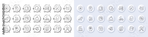 Vaccine attention, Do not touch and Stress line icons. White pin 3d buttons, chat bubbles icons. Pack of Psychology, Pillow, Medical helicopter icon. Vector