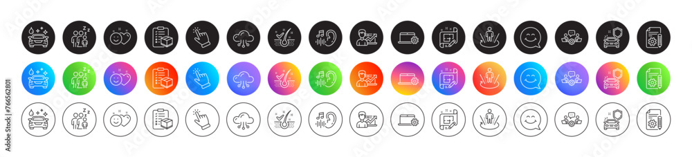 Anti-dandruff flakes, Car secure and Augmented reality line icons. Round icon gradient buttons. Pack of Smile, Architect plan, Car wash icon. Smile face, Documentation, Sleep pictogram. Vector Anti-dandruff flakes, Car secure and Augmented reality line icons. Round icon gradient buttons. Pack of Smile, Architect plan, Car wash icon. Smile face, Documentation, Sleep pictogram. Vector