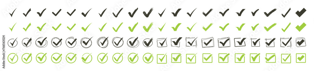 Green check mark and red cross icon set, circle and square. Tick symbol in green color. Hand drawn checkmark illustration Green check mark and red cross icon set, circle and square. Tick symbol in green color. Hand drawn checkmark illustration
