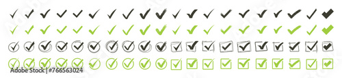 Green check mark and red cross icon set, circle and square. Tick symbol in green color. Hand drawn checkmark illustration