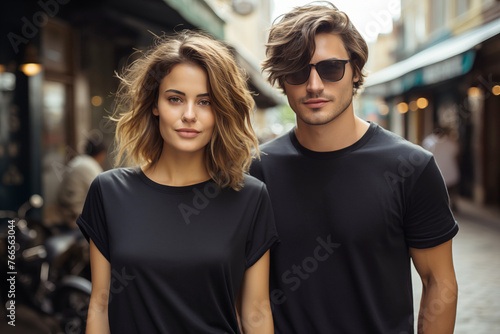 Man and woman wearing blank black t-shirt