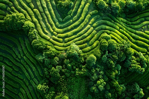 Aerial D Rendering of a Lush Green Patch of Land with a Unique Pattern. Concept 3D Rendering, Aerial View, Lush Green Land, Unique Pattern, Landscape Design