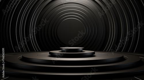 Black podium for product display on black background. 3D rendering illustration