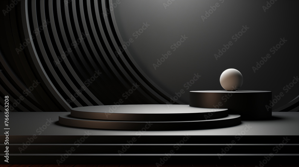 Black podium for product display on black background. 3D rendering illustration

