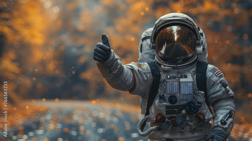 an astronaut standing on the roadside. Holding his thumb up for hitching.generative ai an astronaut standing on the roadside. Holding his thumb up for hitching.generative ai
