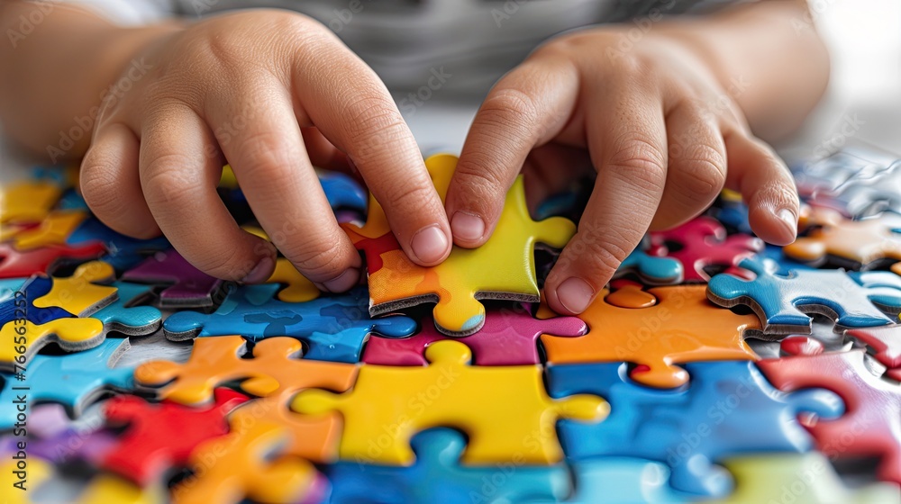 Child's hands putting together puzzles, motor skills and learning Child's hands putting together puzzles, motor skills and learning