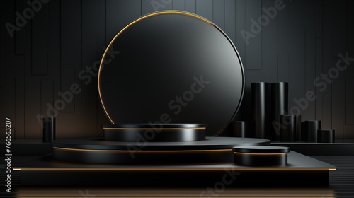 Black podium for product display on black background. 3D rendering illustration  