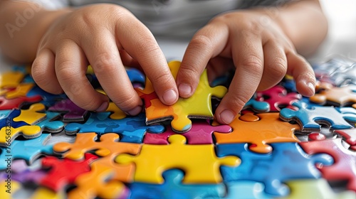 Child's hands putting together puzzles, motor skills and learning