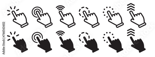 Vector hand cursors icons click set. Pointer cursor сomputer mouse icon. Clicking cursor, pointing hand clicks icons