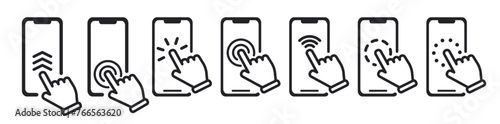 Hand touch screen smartphone. Click on the smartphone. Electronic device art. Touch screen icons
