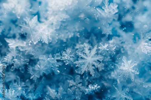Blue Sparkling Winter Wonderland Background, Snow, Snowflakes, Bokeh, Horizontal Christmas Illustration.  
