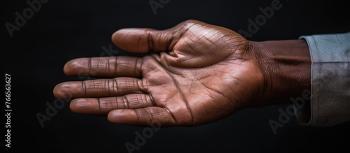 A detailed view of a person's hand captured up close against a dark black background
