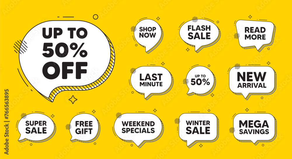 Obraz premium Offer speech bubble icons. Up to 50 percent off sale. Discount offer price sign. Special offer symbol. Save 50 percentages. Discount tag chat offer. Speech bubble discount banner. Vector