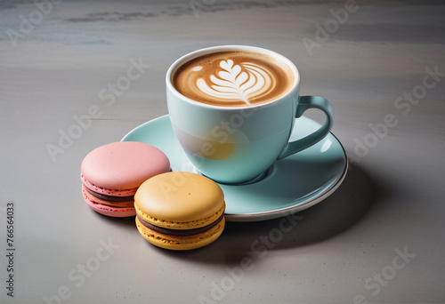 Hot coffee with pastel macaron
