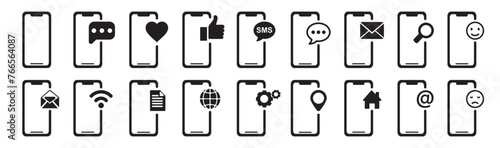smartphone icon set with reaction, message sign, like. Chat bubble icon. Telephone call sign. Contact us symbol. Cell phone pictogram isolated on white background.