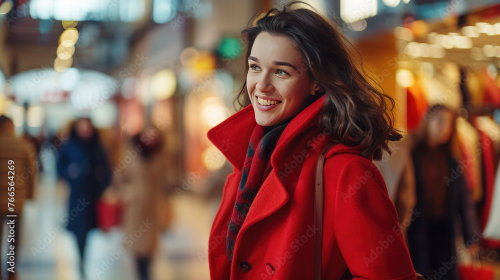 Happy smiling young brunette woman wearing red coat on blurred background of shopping center