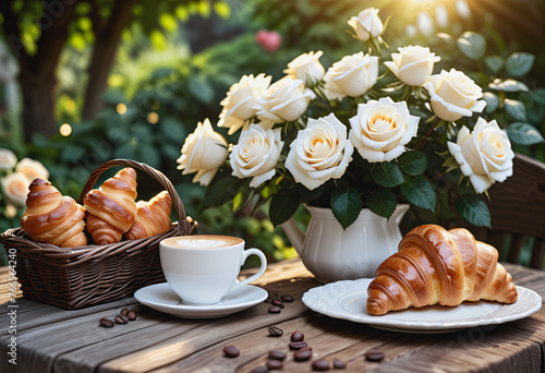 Hot coffee with white rose and croissant