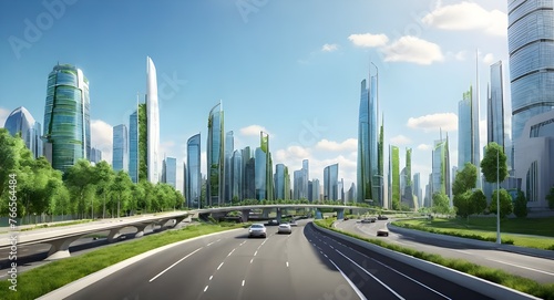 Modern green sustainable highway, city background