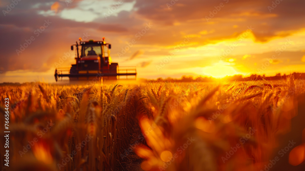 Fototapeta premium Harvest Season in the Fields Agricultural Tractor at Work