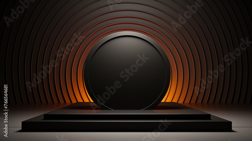 3D Black geometric stage podium. Dark background.

