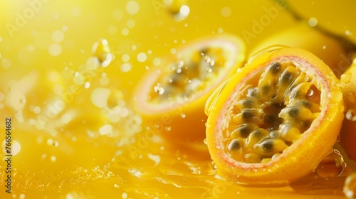 ripe and succulent passion fruit halves with refreshing droplets in yellow hue