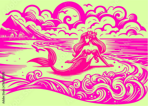 人魚姫と海辺と朝日をアメリカンポップで表現したオシャレなイラストレーション
