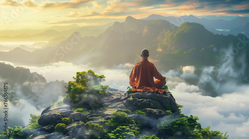 Tibetan monk meditating on rock above a panoramic view of mountains photo