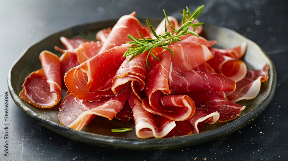 Thinly sliced Jamon Serrano arranged on a plate with a sprig of rosemary. Thinly sliced Jamon Serrano arranged on a plate with a sprig of rosemary.