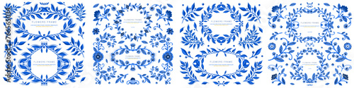 Illustration set with blue gzhel floral motif 