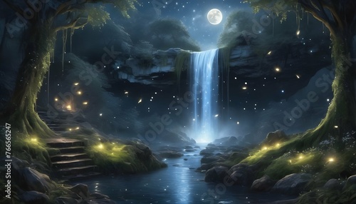 Spellbinding Moonlit Waterfall Surrounded By Ethe