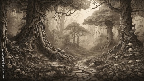 Detailed engraving of a mystical forest with dim light seeping through the leaves
