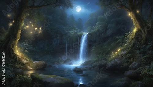 Spellbinding Moonlit Waterfall Surrounded By Ethe Upscaled 4