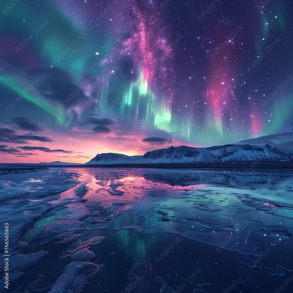 arctic nature's light show, the aurora borealis, above icy winter landscape