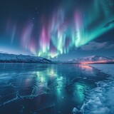 scenic view of vibrant aurora borealis above frozen landscape under stars