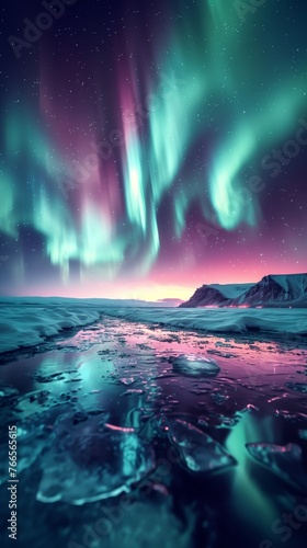 icy landscape bathed in the ethereal glow of the aurora borealis at night