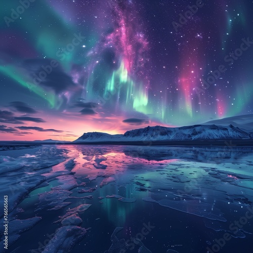 arctic nature's light show, the aurora borealis, above icy winter landscape © pier