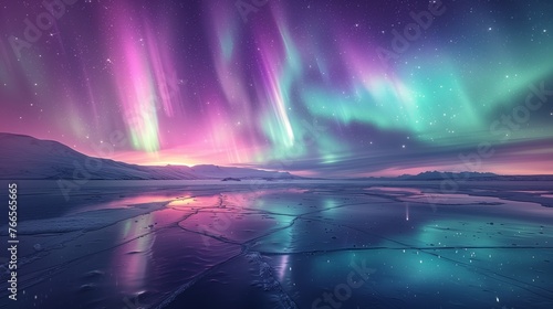 twilight wonder with purple sky and glowing aurora over cold ice