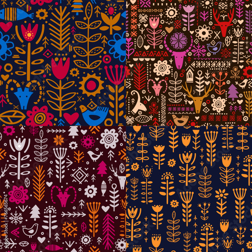 Plants and deer in nordic style seamless pattern.