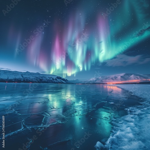 scenic view of vibrant aurora borealis above frozen landscape under stars