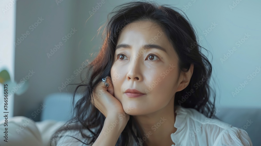 Korean middle aged beautiful woman sited on the sofa and thinking about life Korean middle aged beautiful woman sited on the sofa and thinking about life