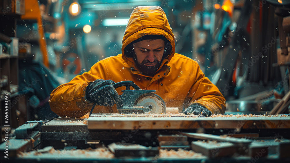 man using a circular saw and wood in factory,generative ai man using a circular saw and wood in factory,generative ai