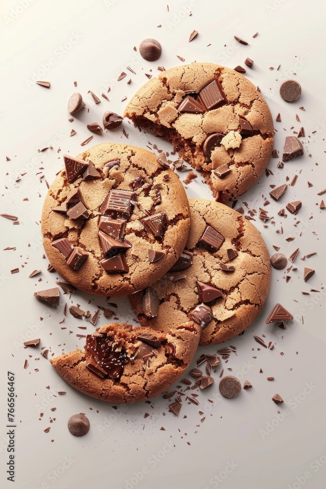 A close up of a chocolate chip cookie with chocolate chips scattered around it. The cookie is partially eaten, with a bite taken out of it. Concept of indulgence and enjoyment A close up of a chocolate chip cookie with chocolate chips scattered around it. The cookie is partially eaten, with a bite taken out of it. Concept of indulgence and enjoyment