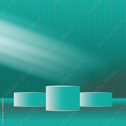 Set of white realistic 3d cylinder pedestal podium , lite green  in semi circle backdrop. Abstract vector rendering geometric platform. Product display presentation. Minimal scene.