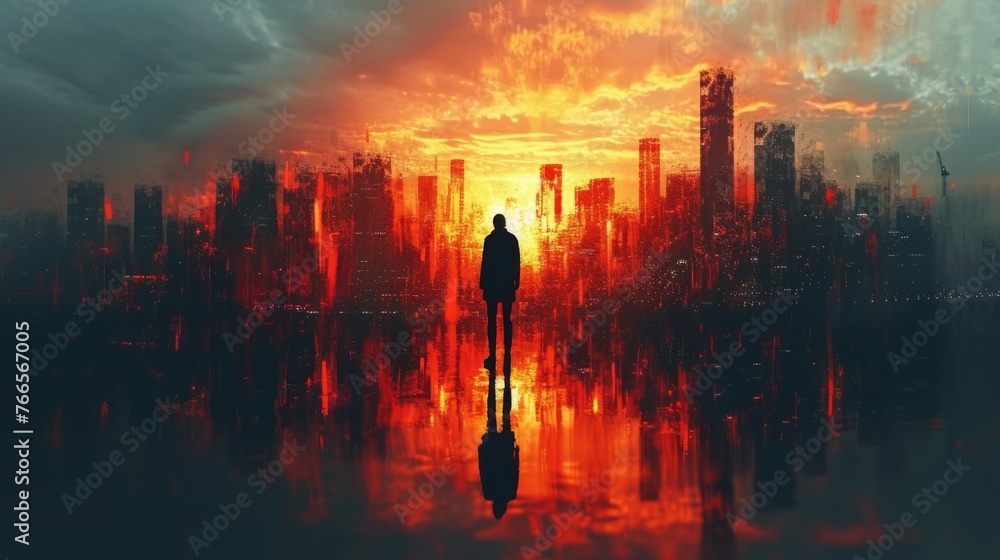 A silhouette stands before a dystopian cityscape bathed in the fiery glow of an apocalyptic sky, reflected in still water for a surreal effect. A silhouette stands before a dystopian cityscape bathed in the fiery glow of an apocalyptic sky, reflected in still water for a surreal effect.